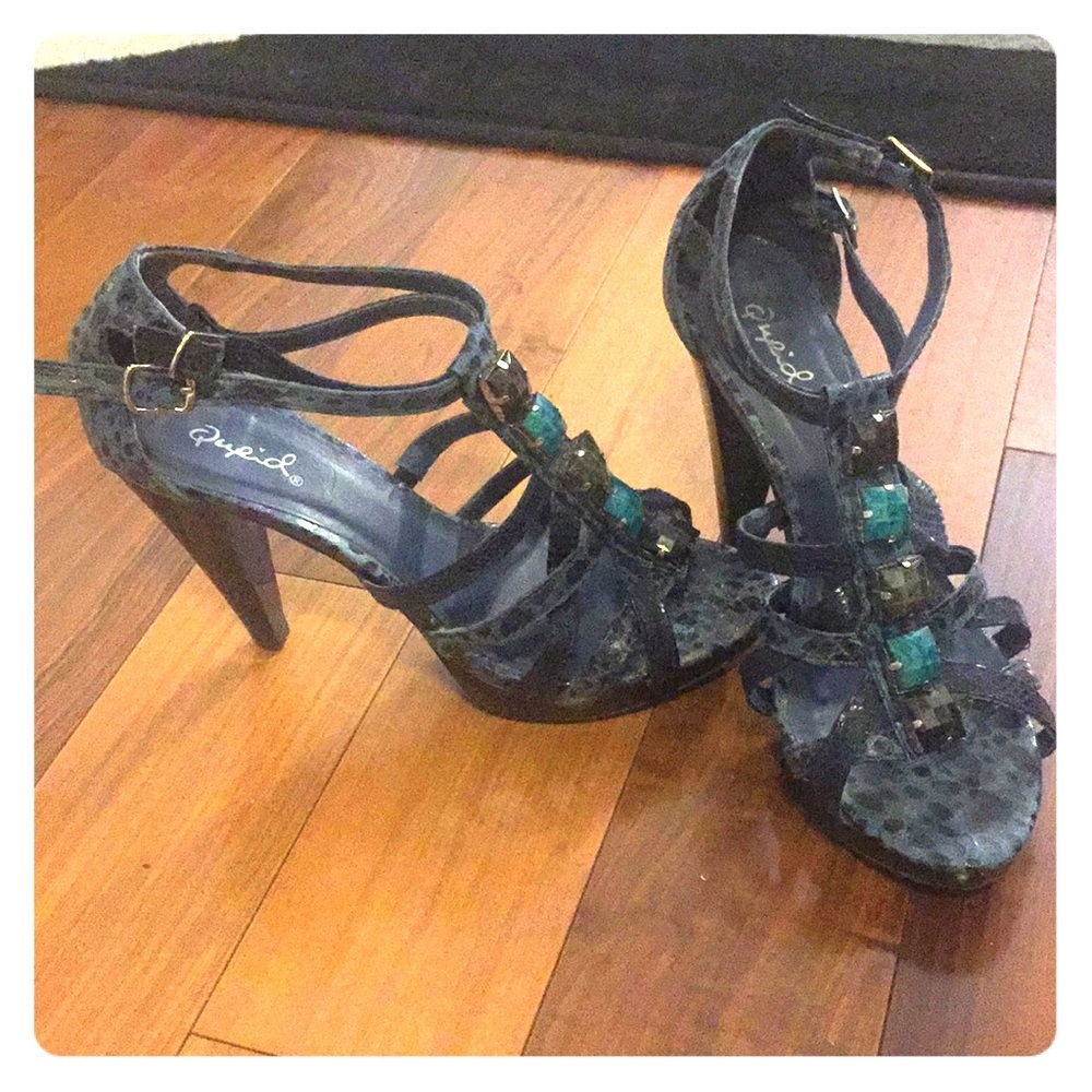 Sexy High Heels Blue Snakeskin Print & Jewel Shoes